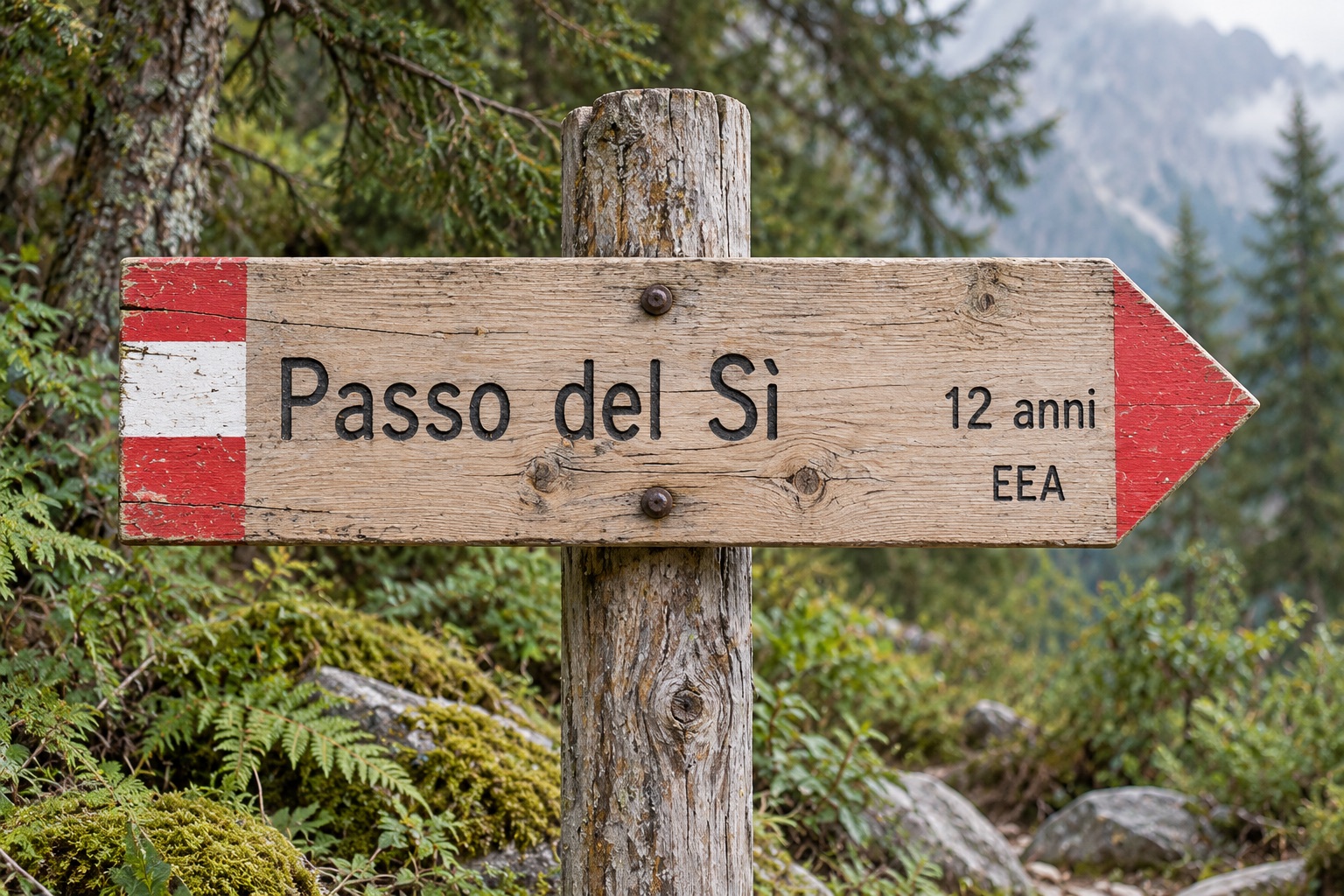 Cartello escursionistico in legno nel bosco, con freccia verso destra e segnavia bianco e rosso: Passo del Sì, tempo stimato 12 anni, difficoltà EEA.